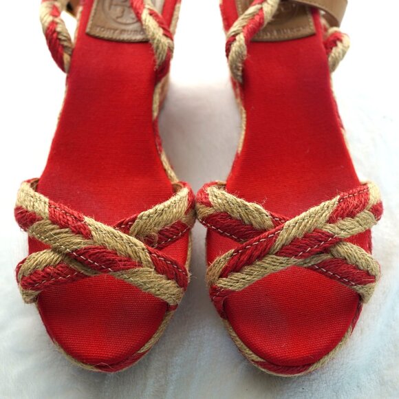 Tory Burch Red Camelia Jute Espadrille‎ Wedge Sandals Size 9.5 - Picture 3 of 8